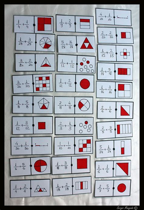 Ayudan tanto a introducir un tema como a comprender procesos o a descubrir propiedades. Dominó matemático completo de suma de fracciones | Fracciones, Matematicas fracciones y ...