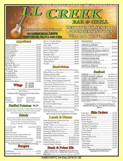 Online Menu Of L L Creek Bar And Grill Restaurant Waycross Georgia