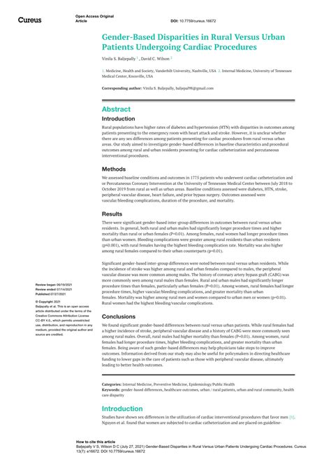 Pdf Gender Based Disparities In Rural Versus Urban Patients Undergoing Cardiac Procedures