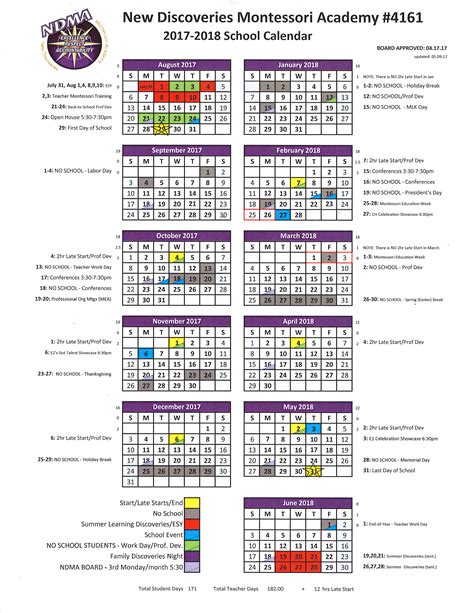 2017 2018 School Year Calendar New Discoveries Montessori Academy