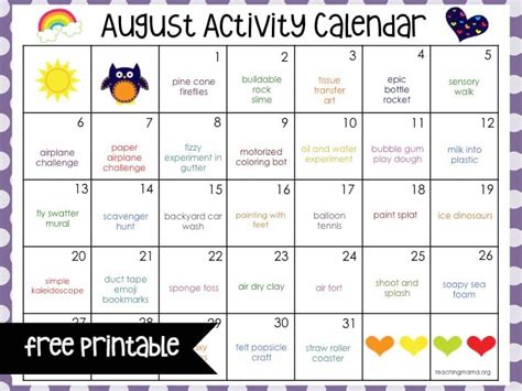 August Activity Calendar Teaching Mama