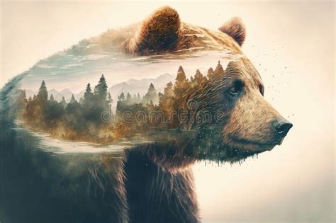 Wondrous Brown Grizzly Bear In Double Exposure With Natural Taiga