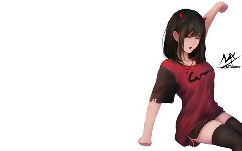 X Anime Original Anime Black Hair Girl Shorts Red Eyes Horns Wallpaper