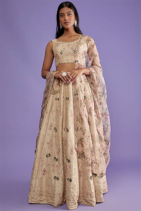 Ivory Raw Silk And Organza Embroidered Lehenga Set Design By Pleats By Kaksha And Dimple At Pernias