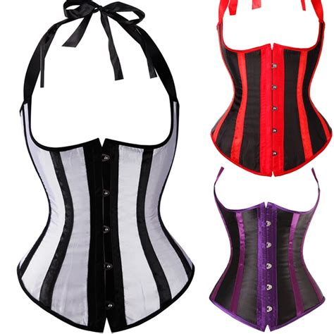 intimates and sleep satin striped underbust cupless lace up body shaper halter corset bustier s