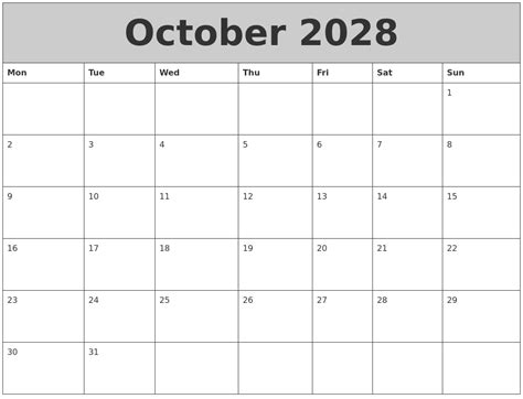 October 2028 My Calendar
