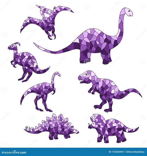 Vector Set Of Abstract Purple Dinosaurs On A White Background Stock