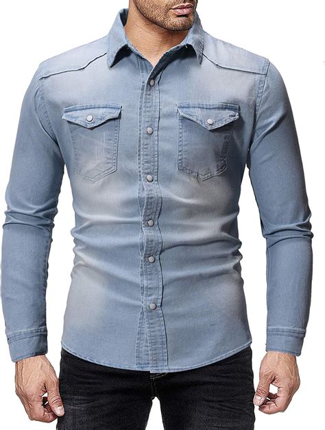 Men Denim Shirtsretro Style Long Sleeve Men Casual Shirt Full Buttons