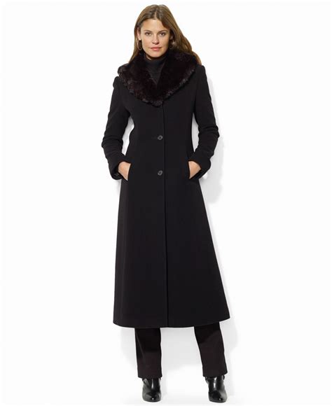 lauren by ralph lauren wool cashmere blend faux fur collar maxi coat in black lyst