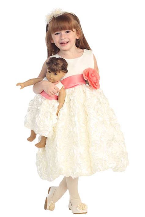 Ivory Satin Ribbon Flowers On A Blossom Flower Girl Bubble Dress Girls