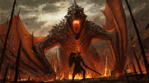 Fantasy Dragon Is Breathing Fire On Soldier Hd Dreamy Wallpapers Hd