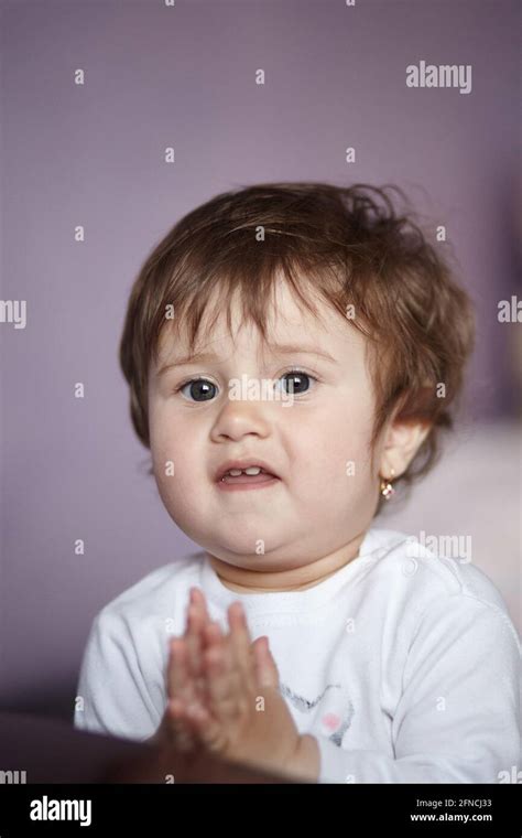 One Year Old Girl Clapping Hands Close Portrait Cute Baby Girl Happy