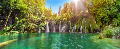 Amazing Waterfall Panorama In Plitvice Lakes National Park Cro Stock