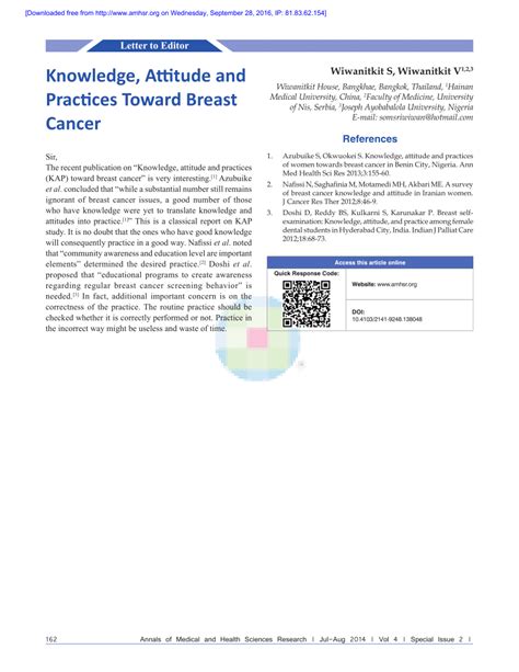 Pdf Knowledge Attitude And Practices Toward Breast Cancer