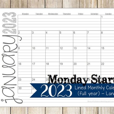 2023 Monday Start Lined Monthly Calendars 8 5x11 Landscape Etsy