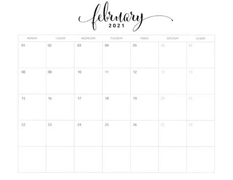 Printable February 2021 Calendar Monday Start Calendar Printables