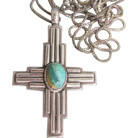 S Vintage Modernist Sterling Silver Turquoise Cross Pendant Long