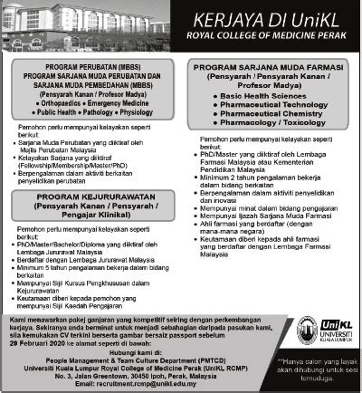 Tarikh tutup untuk jawatan kosong universiti kuala lumpur (unikl) ni pada 20 mac 2016. Iklan Jawatan Kosong Universiti Kuala Lumpur (UniKL ...