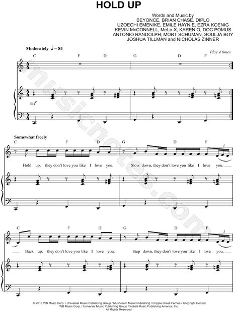 Beyoncé Hold Up Sheet Music In C Major Transposable Download And Print Sku Mn0163626