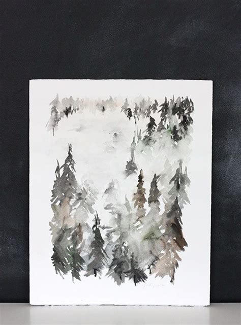 Original 16 X 20 Handmade Watercolor Painting Forest Trees And Fog