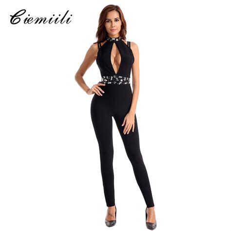 CIEMIILI Sexy Bandage Jumpsuits Rompers Womens Casual Bodysuits Evening Party Club Bodycon