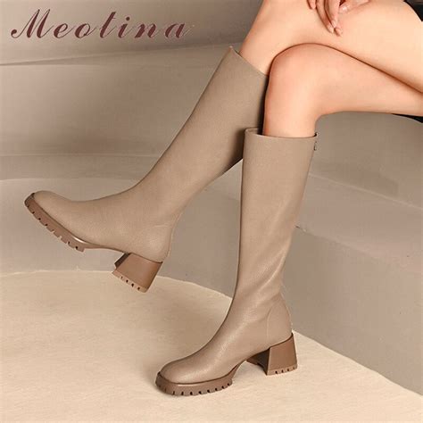 Meotina Women Genuine Leather Knee High Boots Square Toe Thick High Heel Zipper Ladies Fashion