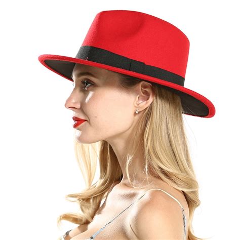 Fashion Polyester Cotton Red Black Wide Brim Fedora Hats For Festival