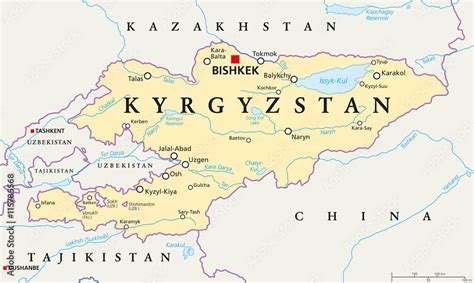 kyrgyzstan political map with capital bishkek national borders important cities rivers and