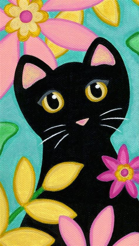 Black Cat And Tropical Flowers Folk Art Print From Original Etsy Folk