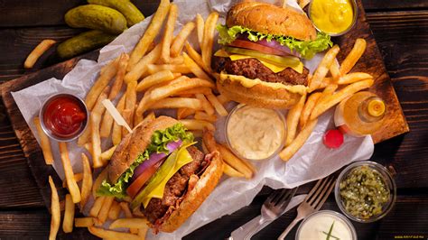 Wallpaper Food Fries Burger Meat Salad 1920x1080