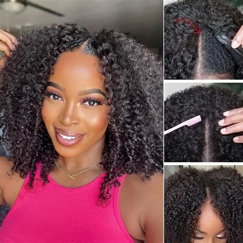 Kinky Curly V Part Wig Human Hair No Leave Out Thin Part Peruvian Hair Wigs For Women