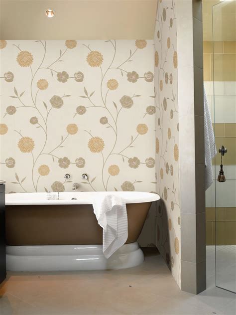Rustic Refined Bathroom With Beige Floral Wallpaper Hgtv