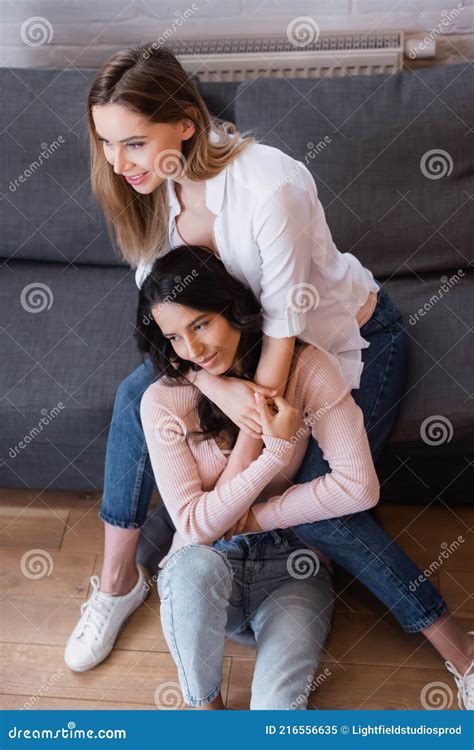 High Angle View Of Cheerful Lesbians Stock Image Image Of Casual