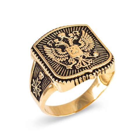 Dark Gold Russian Imperial Crest Double Headed Eagle Mens Orthodox Ring