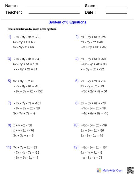 Solve the system by substitution. Algebra 2 Worksheets | Systems of Equations and ...