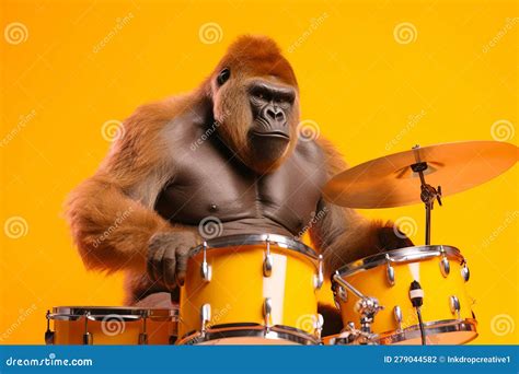 A Gorilla Musician Playing The Drums In A Band Generative Ai Stock
