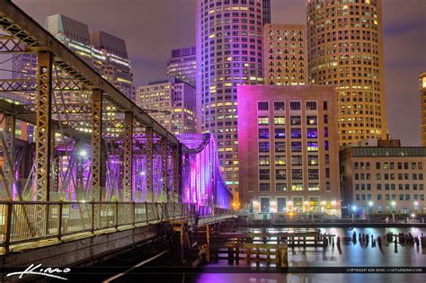 Boston City Downtown Purple Lights At Bridge Royal Stock Photo
