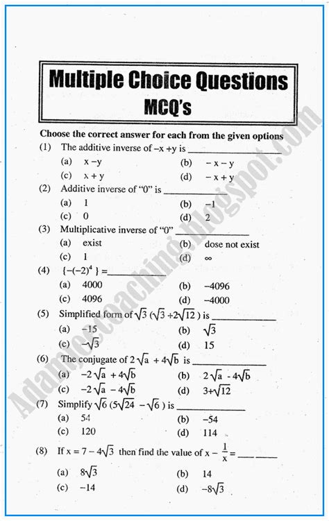 Mathematics questions and answers for class 5. Adamjee Coaching: System of Real Numbers, Exponents and Radicals - MCQs - Mathematics Notes for ...