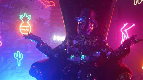 a man in a steel silver metal suit sits in a chair and shakes his head to music in the neon