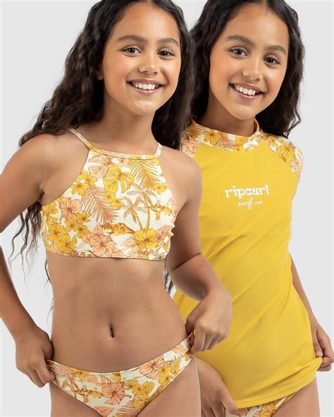rip curl girls cosmic paradise short sleeve rash vest set in honey fast shipping and easy