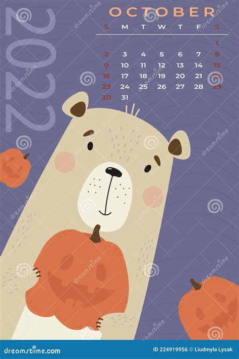 October 2022 Bear Calendar Cute Bear With Pumpkin For Halloween On A