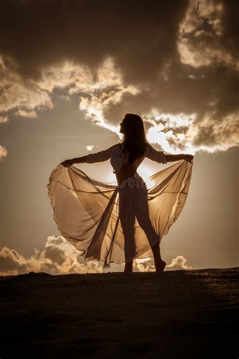 Beautiful Woman Dancing At Sunset Stock Photo Image Of Girl Deserted