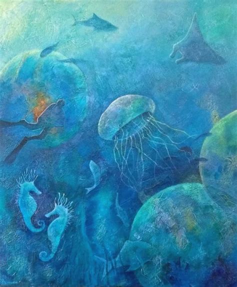 Blue Diver Original Painting Deep Impressions Underwater Art