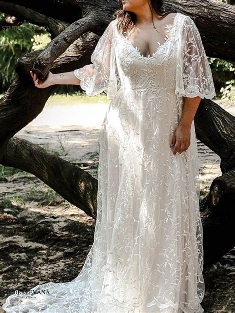 Gorgeous Bohemian Full Lace Plus Size Wedding Dress With Flutter