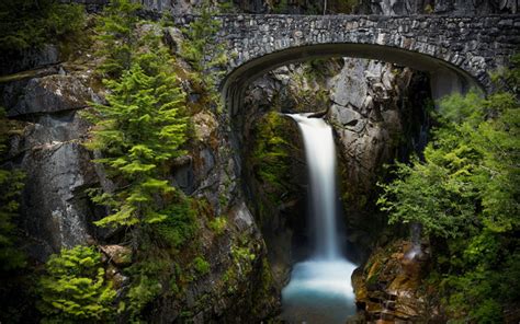 Download Wallpapers Waterfall Rock Old Stone Bridge Forest