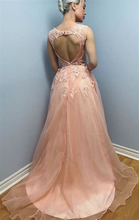 Macloth Straps V Neck Lace Organza Long Prom Dress Peach Formal Evenin