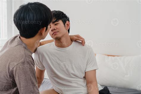 Asian Gay Couple Kissing On Bed At Home Young Asian Lgbtq Men Happy Relax Rest Together Spend