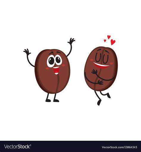 Two Funny Coffee Bean Characters One Showing Love Another Hands Up