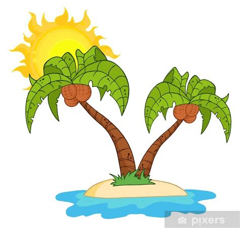 Sticker Cartoon Island With Two Palm Tree Pixersuk