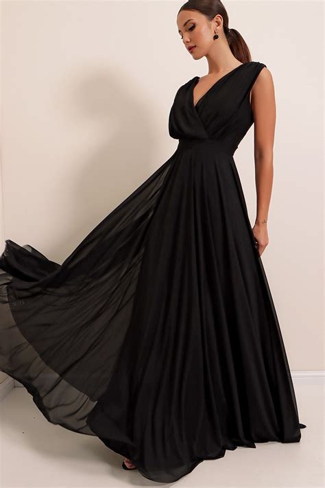 By Sayg N Arka V Yaka Astarl Uzun T L Elbise Siyah Fiyat Yorumlar
